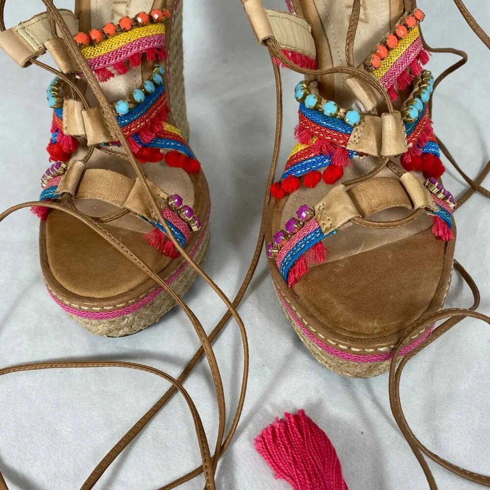 NEW Schutz Mella Espadrille Wedge Heel Sandal Pom Pom Jeweled 8.5